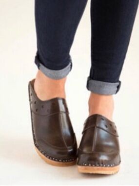 Vintage Troentorp Durer Clogs Brown Leather Swedish Wood Mules EU 38